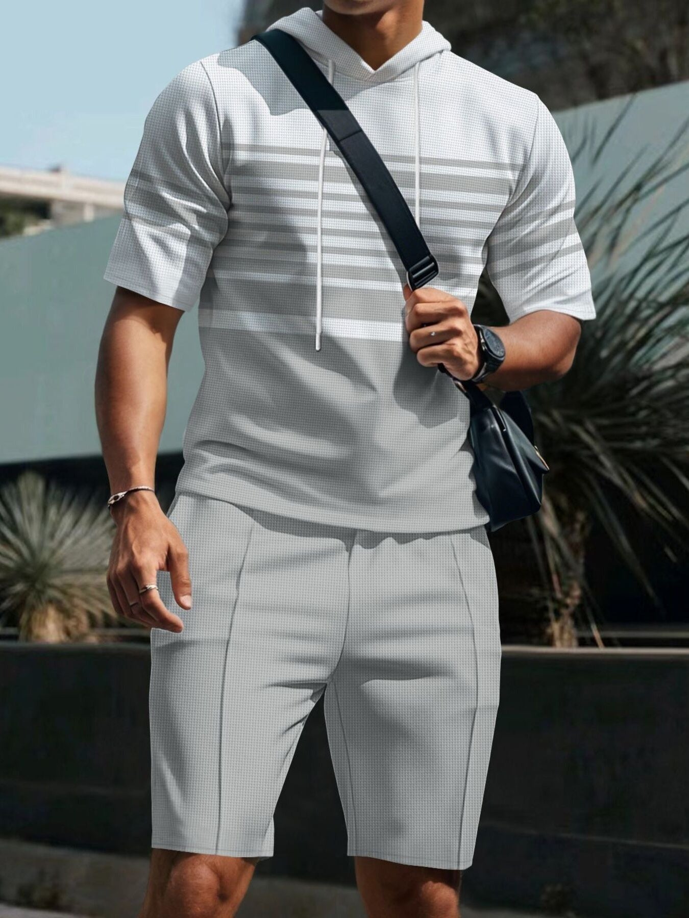 Men's striped short-sleeve hoodie and shorts set