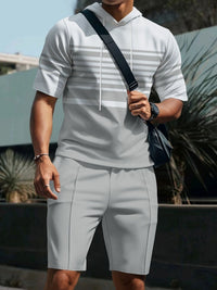 Men's striped short-sleeve hoodie and shorts set