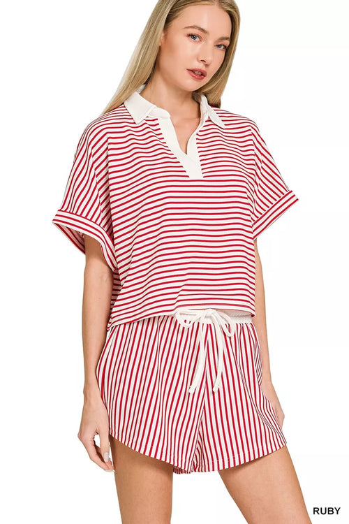 Zenana Striped Collared Top & Shorts Set