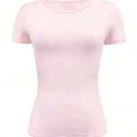 Round Neck Short Sleeve T-Shirt in light pink with a fitted style and short sleeves.