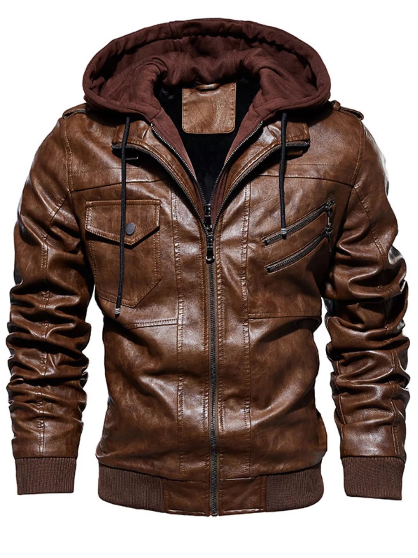 Men's Plus Size Zip Up Drawstring Hooded Jacket in brown with thick material and pocketed design.