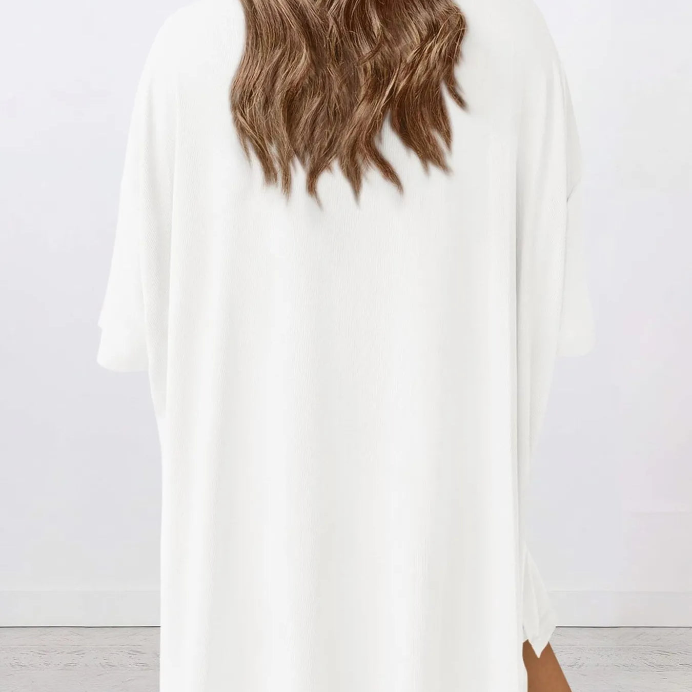 Full Size Oversized Slit Round Neck Top and Shorts Lounge Set Plus Size back view model wearing white top