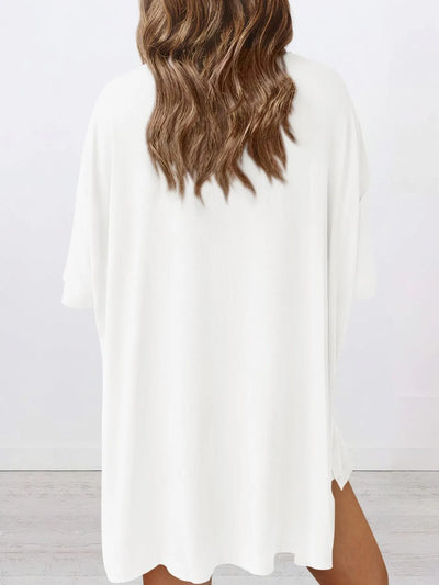 Full Size Oversized Slit Round Neck Top and Shorts Lounge Set Plus Size back view model wearing white top