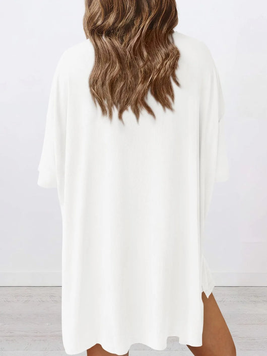 Full Size Oversized Slit Round Neck Top and Shorts Lounge Set Plus Size back view model wearing white top