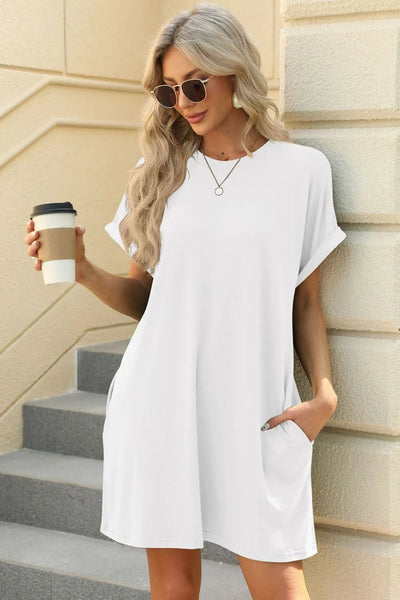 Florira Short Sleeve Mini Dress with Pockets, featuring a white color and casual style, perfect for summer outings.