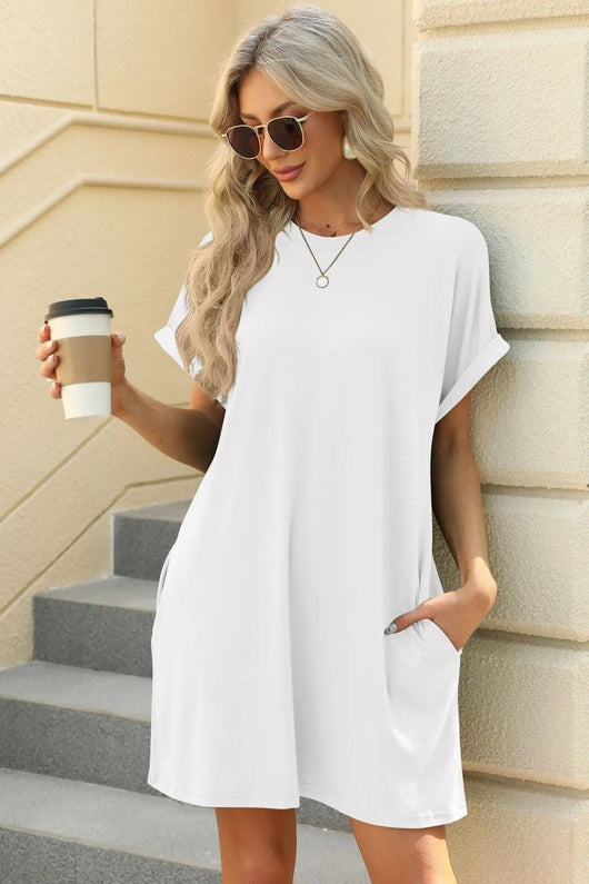 Florira Short Sleeve Mini Dress with Pockets, featuring a white color and casual style, perfect for summer outings.