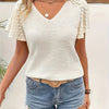 Waffle Knit Lace Sleeve V-Neck Blouse