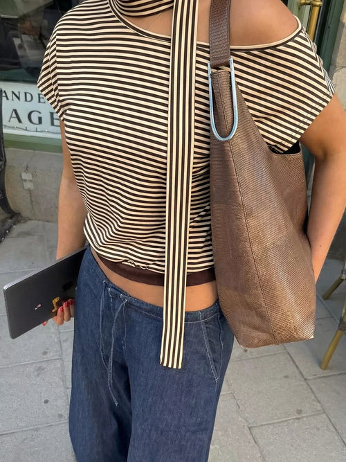 Striped Single Shoulder T-Shirt