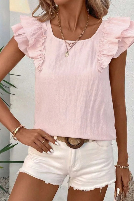 Textured Bow Knot Frilled Butterfly Sleeve Blouse displayed on model with ruffled sleeves and casual summer shorts.