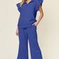 Double Take Texture Ruffle Short Sleeve Top and Drawstring Wide Leg Pants Set