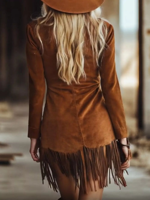 Fringe Long Sleeve Mini Dress
