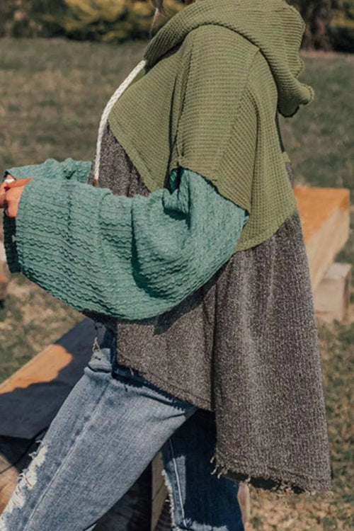 Color Block Waffle Knit Raw Hem Hoodie