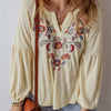 Embroidered Notched Balloon Sleeve Blouse