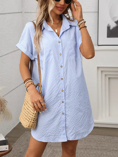 Striped Button Down Short Sleeve Mini Dress in blue with buttons and pocket, styled for casual summer wear.