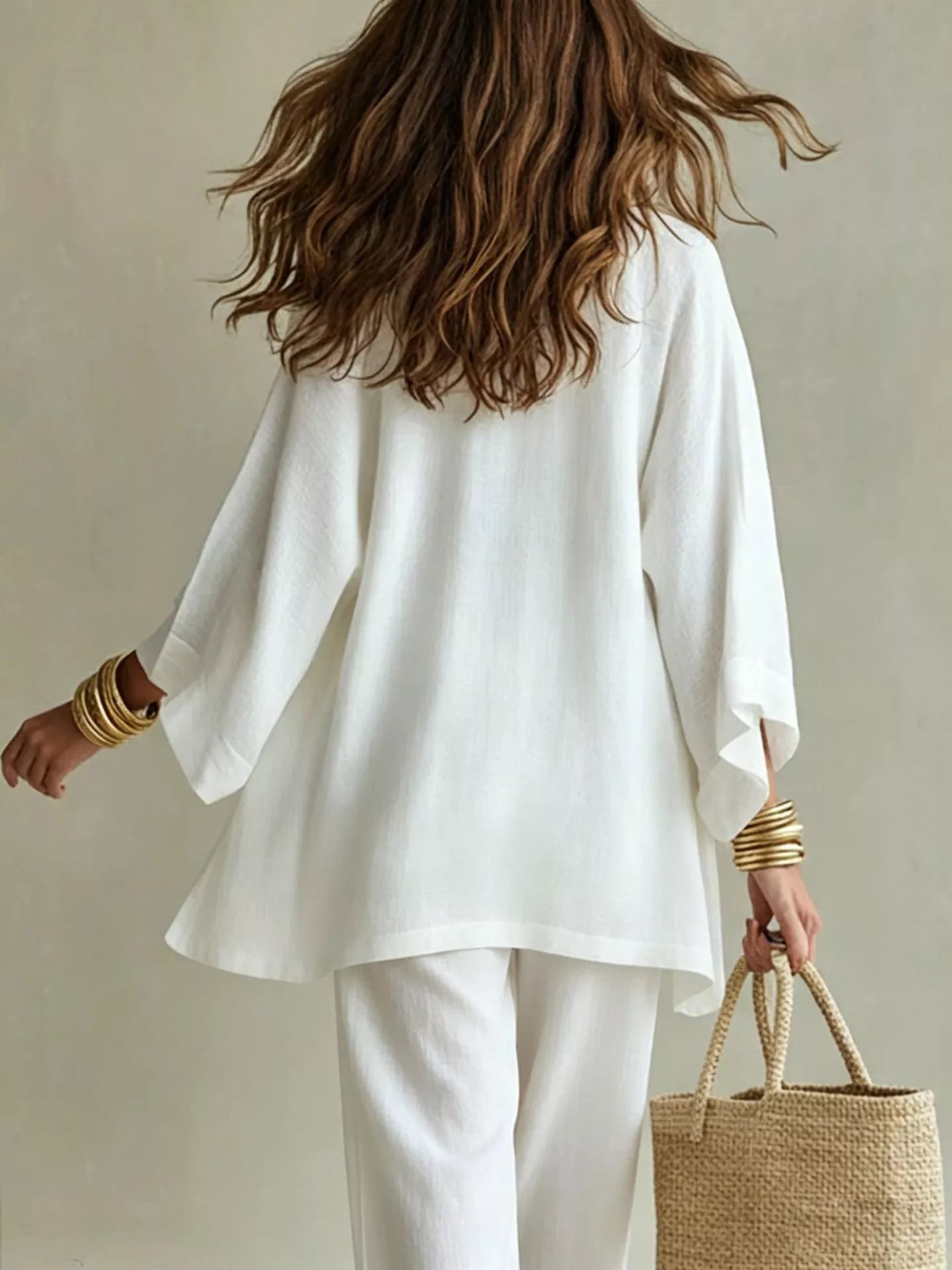The Marlowe Three-Piece Set – longline cardigan and matching pants, side view
