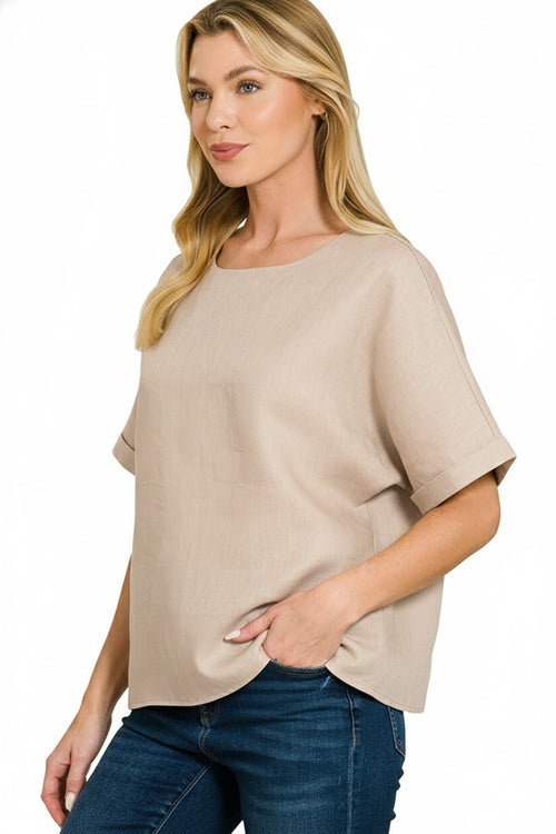 Zenana Linen Round Neck Cuffed Sleeve Top