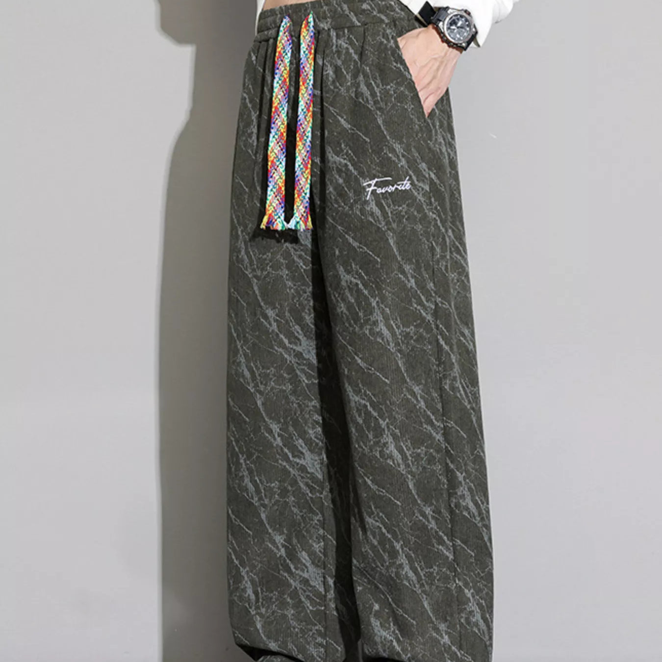 Men's Wide Leg Casual Pants with drawstring and marble pattern, ideal for casual wear and comfort.