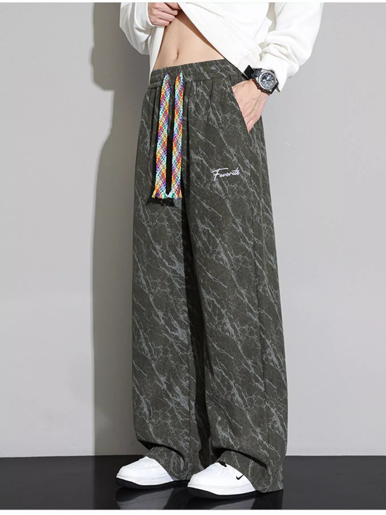Men's Wide Leg Casual Pants with drawstring and marble pattern, ideal for casual wear and comfort.