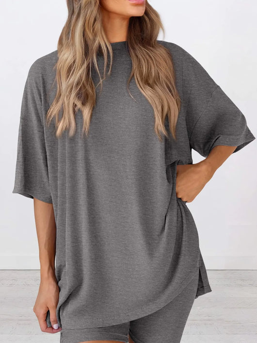 Full Size Oversized Slit Round Neck Top and Shorts Lounge Set Plus Size in gray, featuring a relaxed fit and soft material.