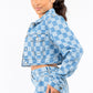 American Bazi Checkered Long Sleeve Cropped Denim Jacket