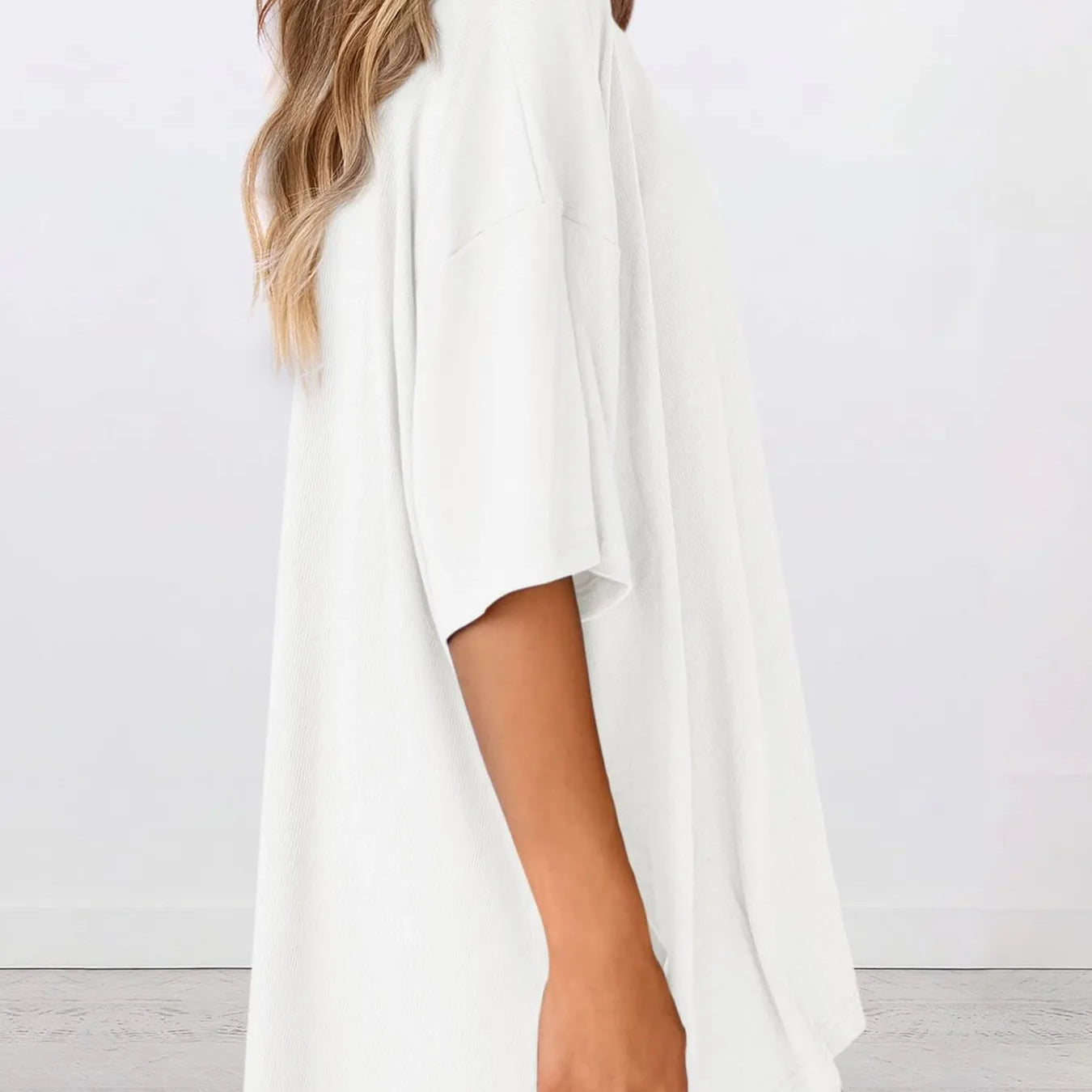 Full Size Oversized Slit Round Neck Top and Shorts Lounge Set Plus Size - White oversized top side view
