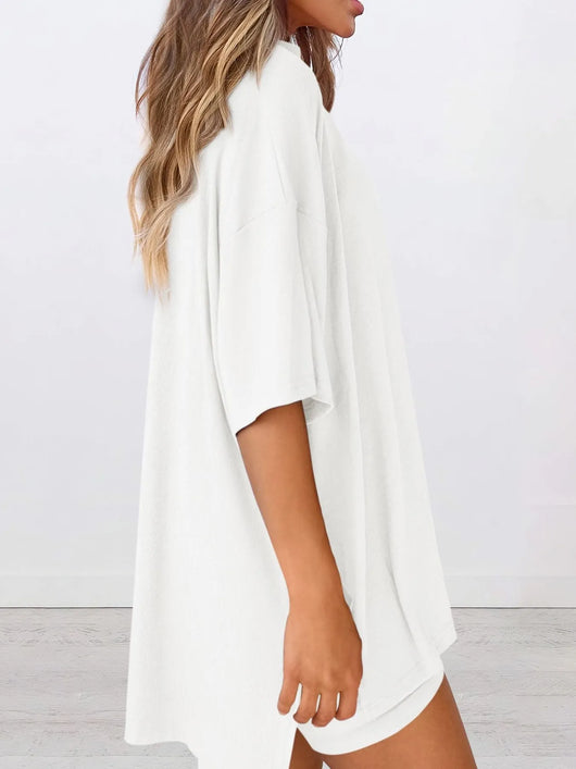 Full Size Oversized Slit Round Neck Top and Shorts Lounge Set Plus Size - White oversized top side view