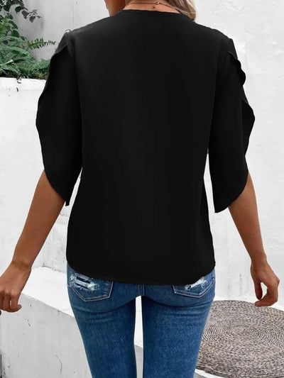 Lace Detail V-Neck Half Sleeve Blouse shown in black from the back, perfect for casual styling.