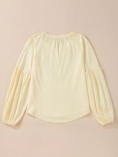 Embroidered Notched Balloon Sleeve Blouse