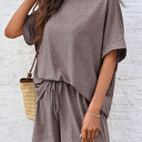 Round Neck T-Shirt and Drawstring Shorts Set in soft brown fabric with relaxed fit and drawstring waist design.