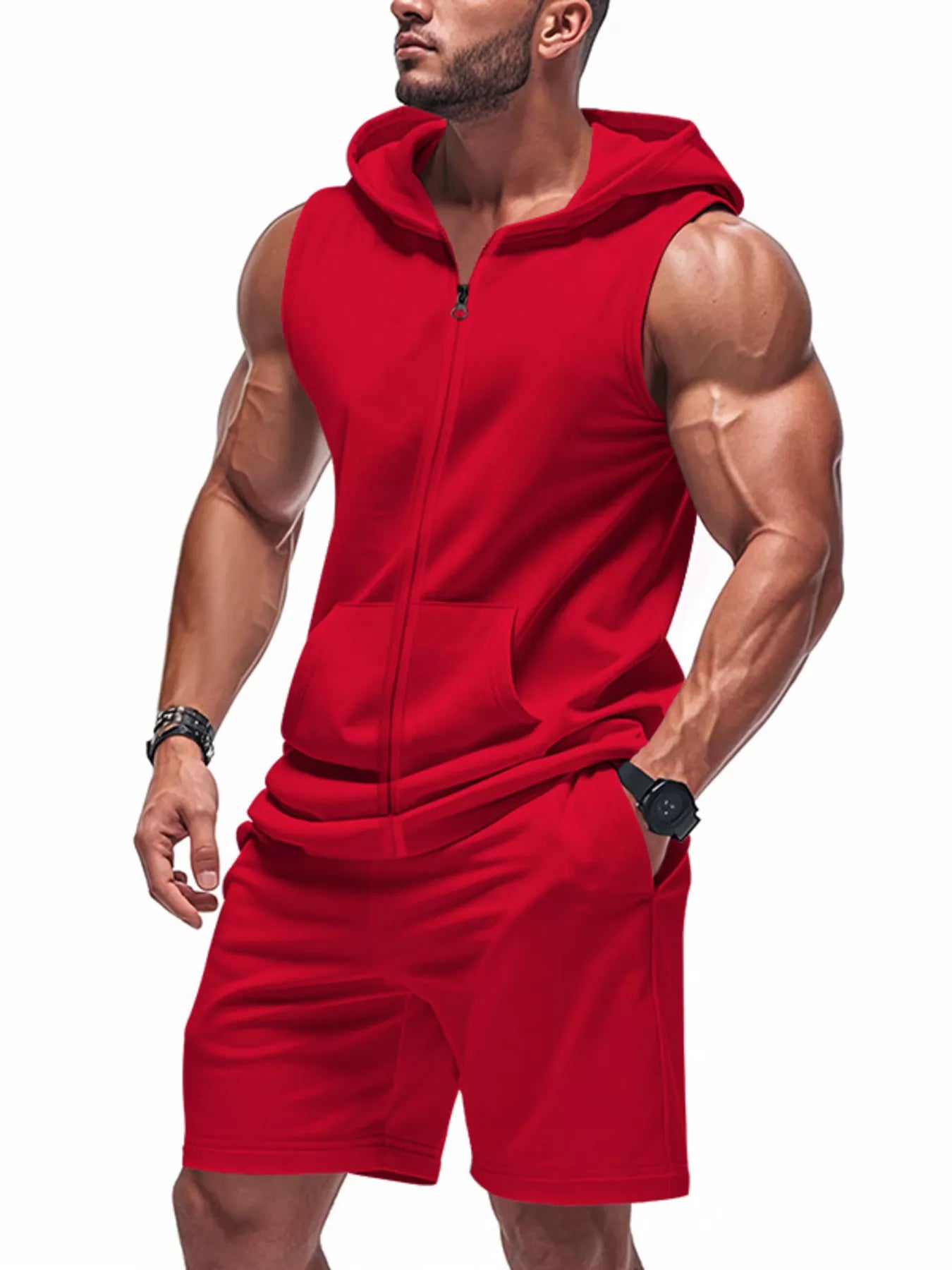 Men's sleeveless zip-up hoodie and shorts set