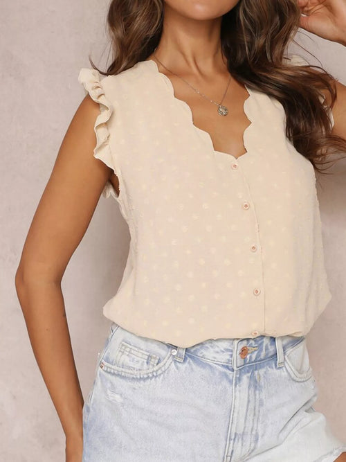 Swiss Dot Ruffled Button-Down Shirt