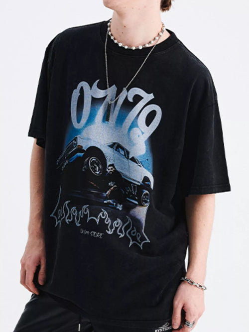 Men's Car Graphic Round Neck Oversized T-Shirt