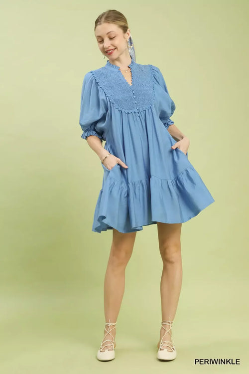 Umgee Smocked Bib Ruffle Hem Babydoll Dress
