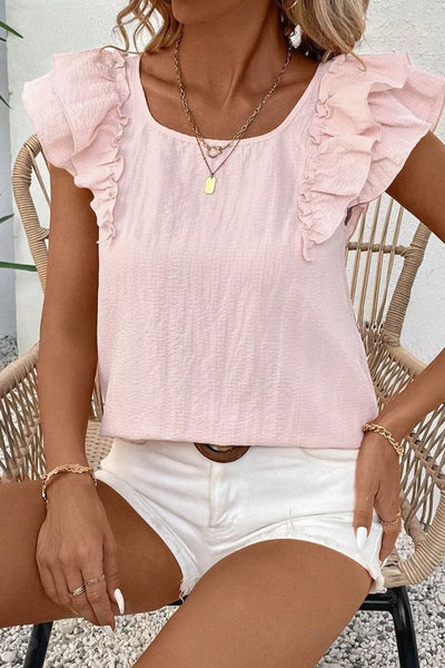 Textured Bow Knot Frilled Butterfly Sleeve Blouse in pink with ruffle details and casual style.