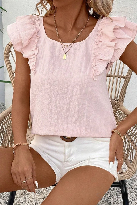 Textured Bow Knot Frilled Butterfly Sleeve Blouse in pink with ruffle details and casual style.