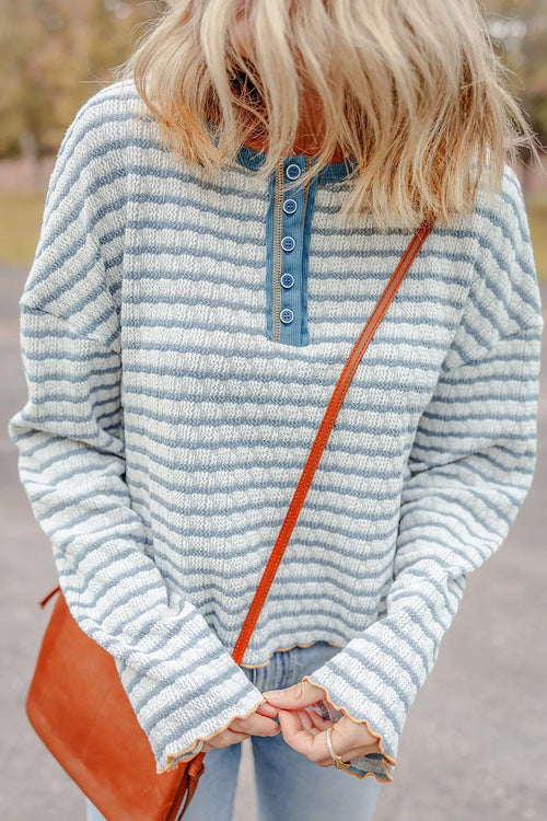 Striped Textured Knit Button Detail Top