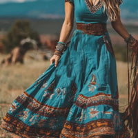 Printed V-Neck Short Sleeve Dress