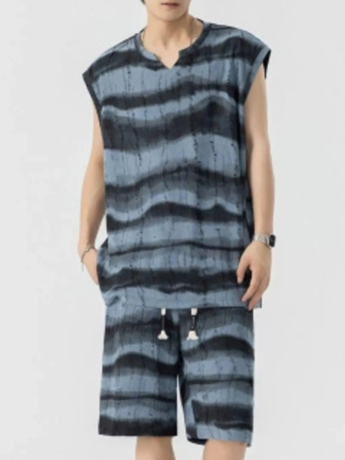 Men's striped tank and matching shorts set, plus size