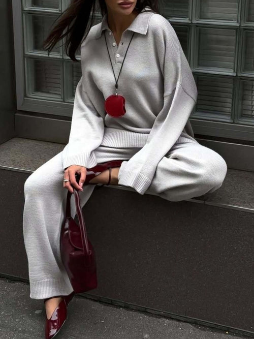 Polo Collar Top and Wide Leg Pants Knit Set