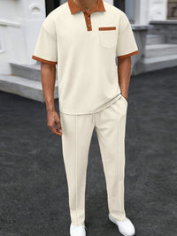 Men's full size waffle-knit contrast polo and pants set plus size in beige and brown.
