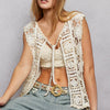 POL Tie Front Floral Pattern Crochet Vest with Scalloped Edge