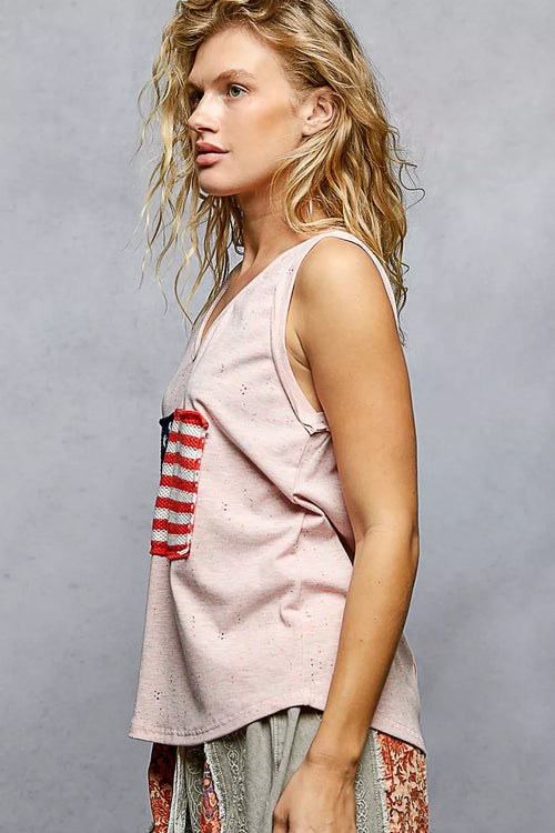 POL V-Neck Ribbed Tank with American Flag Patch and Star Back Patch