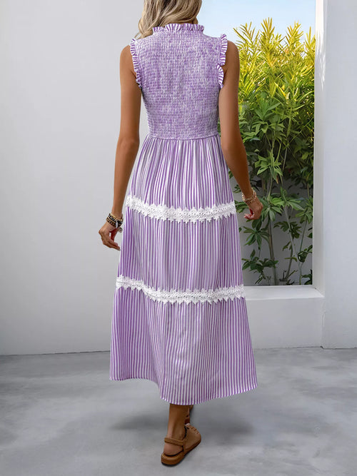 Smocked Striped Lace Trim Sleeveless Midi Dress