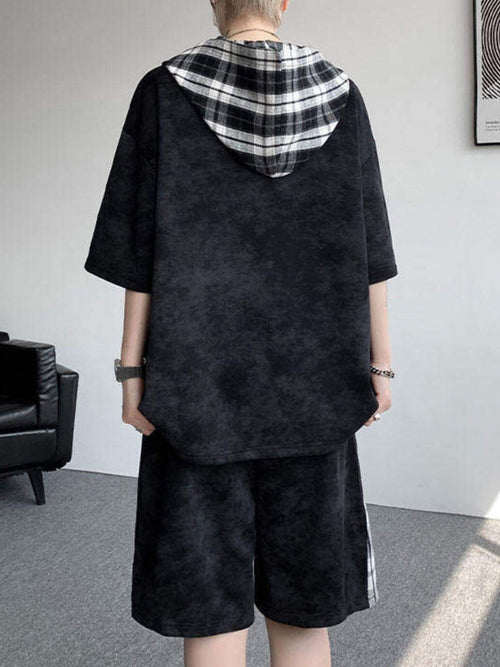 Men's Plus Size Tie-Dye Plaid Patchwork Hoodie and Shorts Set