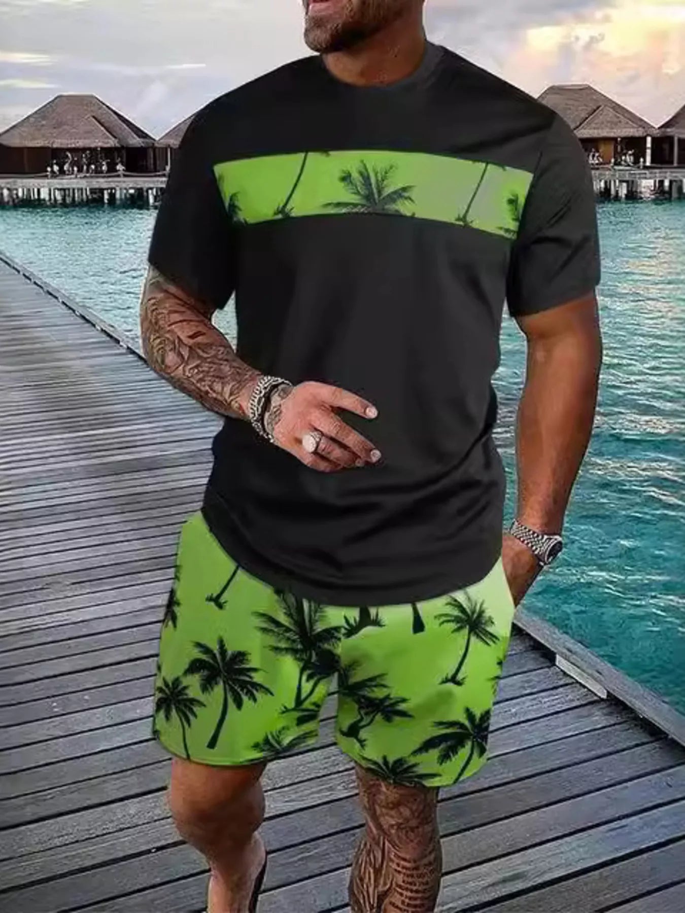 The Waikiki Palm Tee Set – palm tree print tee and shorts set, view 4