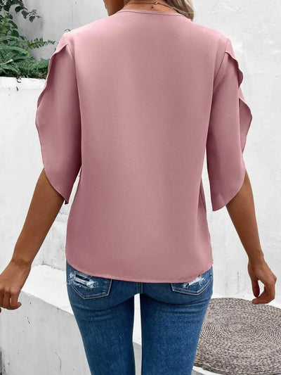 Lace Detail V-Neck Half Sleeve Blouse in pink, showcasing the back view and stylish half sleeves.