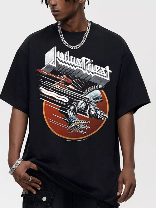 Men's JUDAS PRIEST Graphic Round Neck Oversized T-Shirt