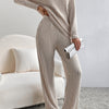 Khaki Slouchy Ribbed Knit V Neck Top & Pants Loungewear Set