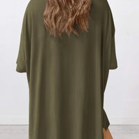 Full Size Oversized Slit Round Neck Top and Shorts Lounge Set Plus Size in a back view, showcasing the loose fit and olive green color.
