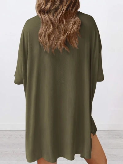 Full Size Oversized Slit Round Neck Top and Shorts Lounge Set Plus Size in a back view, showcasing the loose fit and olive green color.